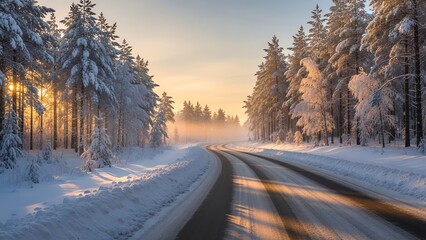 Snowy forest road at sunrise winter landscape