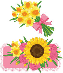 Elegant daffodil bouquet and sunflower floral arrangement illustration set featuring bright blossoms, decorative ribbons, lace accents, and cheerful botanical elements for creative vector designs.