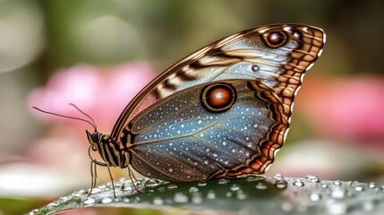 Detailed view of a delicate blue butterfly on a dewy leaf