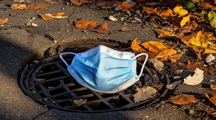 Discarded blue surgical respirator mask resting on a storm drain grate surrounded by fallen autumn leaves