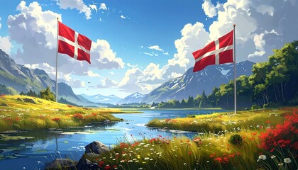 Animated meadow vista featuring a meandering stream and flags against a scenic mountain backdrop under a bright sky