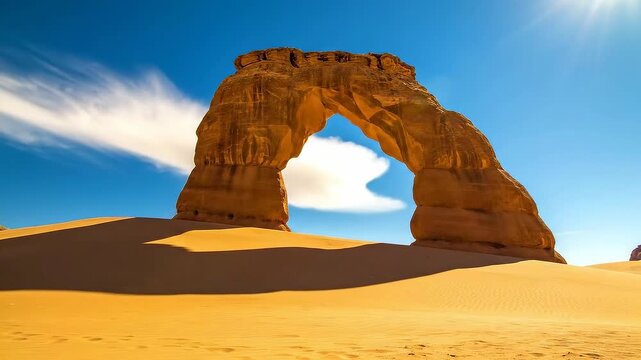 Majestic sandstone arch in the desert landscape under a bright blue sky.