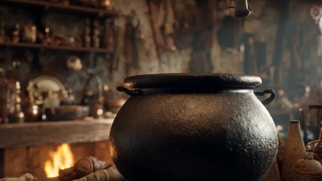 A rustic kitchen scene featuring a large black cauldron simmering over an open fire, surrounded by various antique utensils and jars, evoking a sense of warmth and history