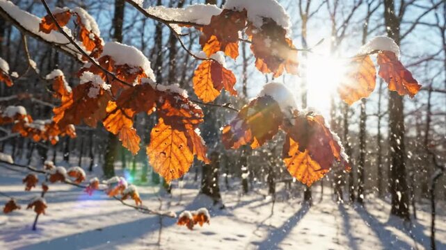 Sunlight shining through orange leaves covered in snow in a winter forest, peaceful scenic view