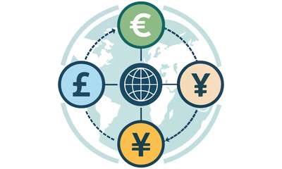 Obraz premium Global Currency Exchange Clipart – World Money Symbols and Financial Network Illustration .