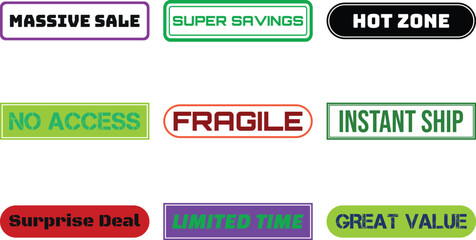 Bright colorful badges showing retail promotion messages such as massive sale super savings hot zone no access fragile instant ship surprise deal limited time and great value on a white background