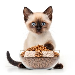 A cute Siamese kitten with bright blue eyes playfully puts its paw into a clear glass bowl overflowing with dry cat food.
