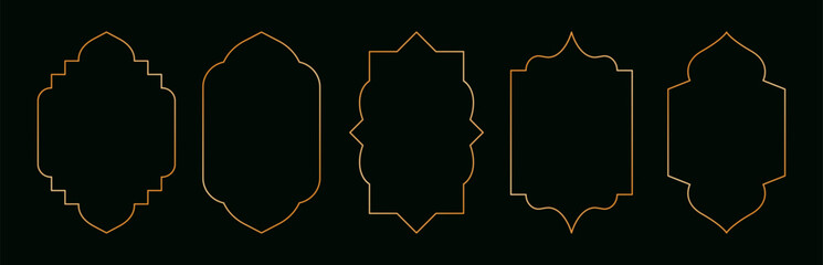 Arabic golden windows. Luxury islamic geometric frames with oriental mosque doors, modern ramadan kareem shiny frame design, retro oriental ornate borders. Vector set