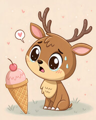 Crying deer looking at ice cream cone with cherry on top