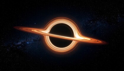 Black hole surrounded by glowing accretion disk against starry background, space phenomenon visualization