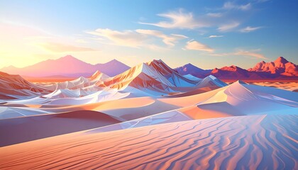 Abstract landscape with sandy dunes meeting snow capped mountains under a colorful sky, gentle light