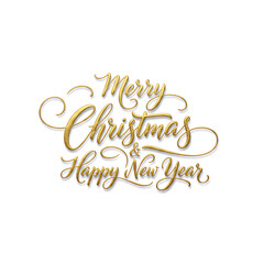 Elegant Golden Calligraphy "Merry Christmas & Happy Year" on White Background