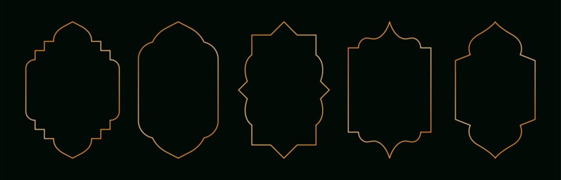 Arabic golden windows. Luxury islamic geometric frames with oriental mosque doors, modern ramadan kareem shiny frame design, retro oriental ornate borders. Vector set