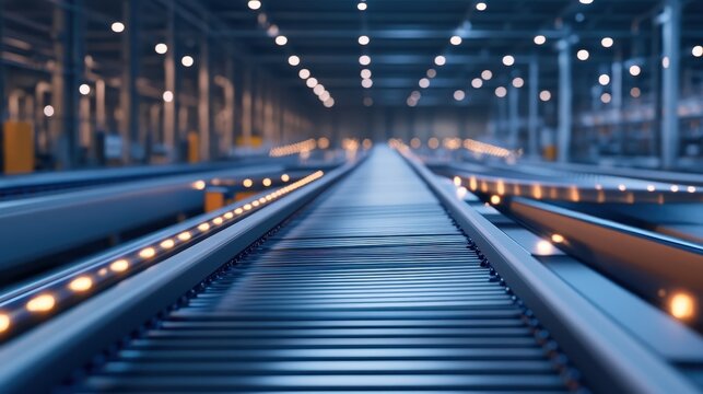 An empty industrial conveyor belt system stretching into the distance under bright overhead lights in a large warehouse