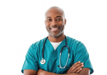 Smiling male nurse with stethoscope isolated on transparent background