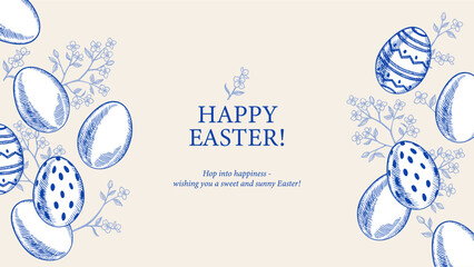 Cute Easter vintage hand drawn banner with eggs and cherry branches. Greeting card and invitation design. Retro sketch vector illustration © pim