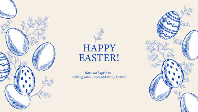 Cute Easter vintage hand drawn banner with eggs and cherry branches. Greeting card and invitation design. Retro sketch vector illustration