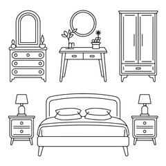 Bed and Lamp Bedroom Furniture Line Illustration