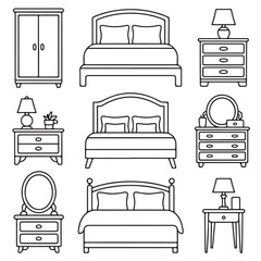 Modern Bedroom Interior Furniture Outline Icons