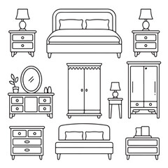 Bedroom Furniture Line Icon Set with Bed and Nightstand