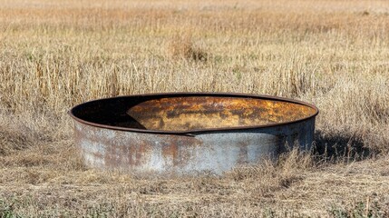 Fototapeta premium An old sun bleached and rusty metal rain barrel stands empty in a dry field of tall grass