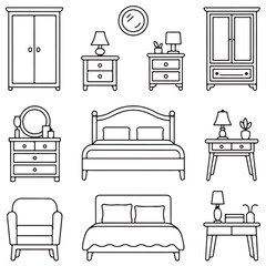 Minimal Bedroom Furniture Line Art Icon Set