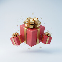 Elegant Floating Red Gift Boxes with Gold Ribbons and Festive Glitter