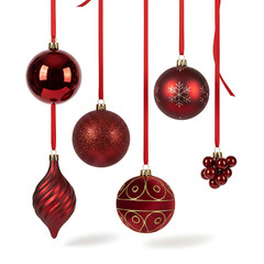Elegant Red Christmas Ornaments Hanging on Ribbons