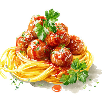 Meatballs And Spaghetti in watercolor painting style, vector illustration on white background.
