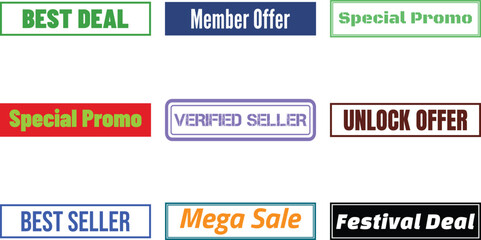 Collection of various promotional badges isolated on transparent background