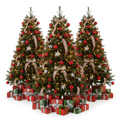 Trio of Decorated Christmas Trees with Festive Gift Boxes