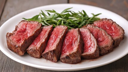 Sliced steak with fresh herbs on a white plate
