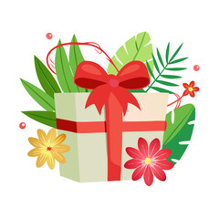 Gift box with elegant red ribbon, tropical leaves and flowers. Christmas, New Year, birthday present concept.
