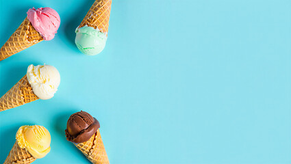 Colorful ice cream cones on blue background