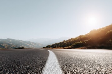 Low-angle close-up of a textured asphalt road with white dividing line in sharp focus