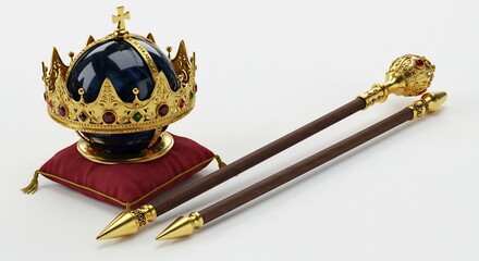 明るくクリアな光の中でまばゆく輝く豪華な金色の王冠と笏 深い青のベルベットと赤いクッションがコントラストをなし王家の威厳と権力そして壮大な歴史を象徴する精巧なレガリア. AI Generated