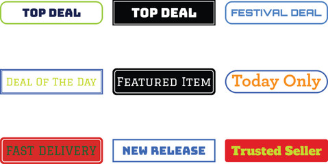 Collection of colorful promotional badges indicating various deals and features isolated on a transparent background