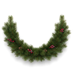 Semicircle Christmas Pine Swag with Red Berries and Pinecones on White Background