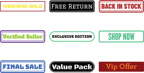 Collection of colorful promotional labels for sales returns and exclusive offers isolated on a transparent background