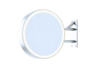 A round led lighted makeup mirror with a chrome wall mount bracket isolated on transparent background