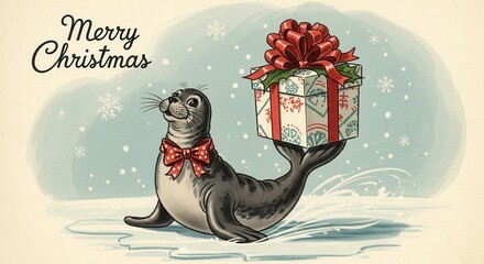 Vintage Christmas card featuring a seal holding a gift with a bow and "Merry Christmas" text
