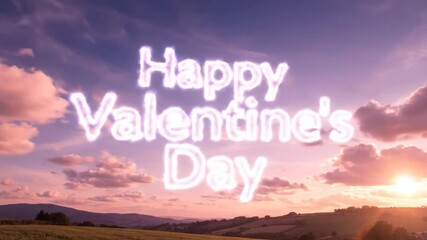 Valentine's Day greeting in dreamy sky with romantic clouds and a beautiful sunrise over rolling hills