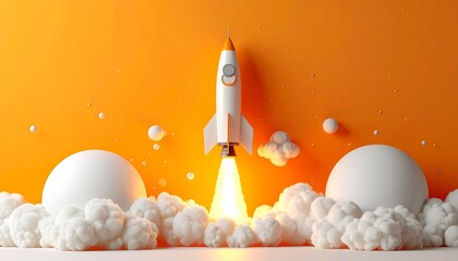 White and orange rocket launching with fiery thrust and clouds on an orange background, symbolizing business startup and success.
