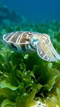 A brown and white striped cuttlefish swims gracefully above green seagrass in blue water