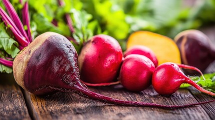 Close up image of vibrant red beets on a wooden table