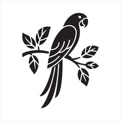perched parrot silhouette vector icon, Black macaw parrot perched on branch vector illustration. © Chan