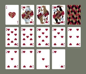 Playing cards of the suit of hearts and back design in a minimalist flat style. Vector illustration