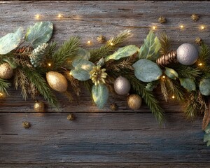 Christmas garland corner with metallic accents on dark wood, soft glow, high-detail textures