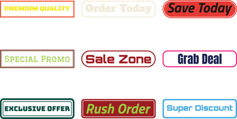 Nine colorful buttons with sales text isolated on transparent background