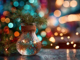 Christmas lights reflected in a glass vase filled with pine needles, rich color glow, bokeh background